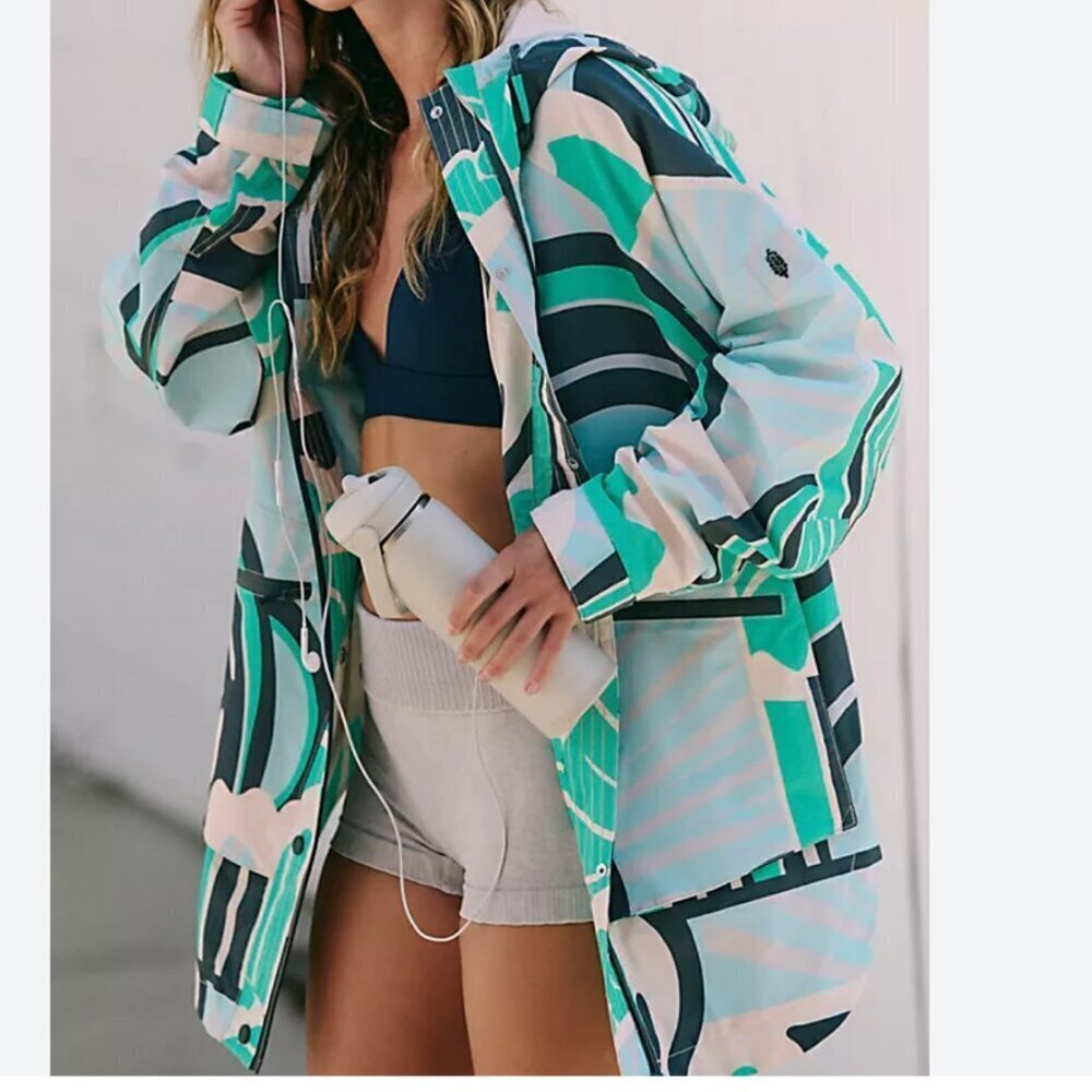 NWT Free People Singin' In The Rain Printed Packable Jacket in Wave Runner